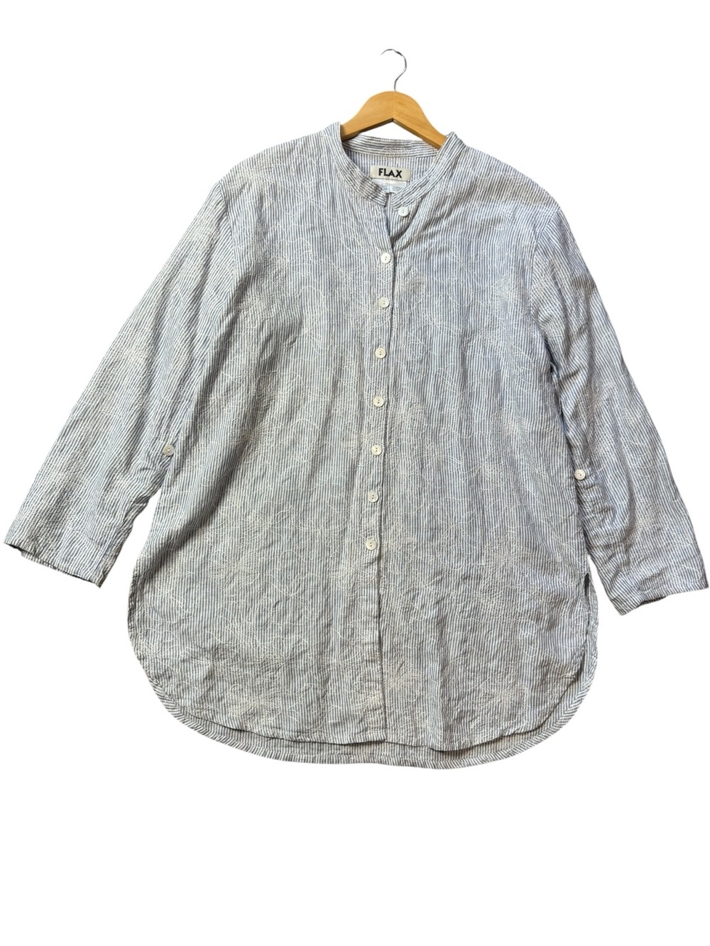 FLAX 100% Linen Button-Down Roll-Tab Floral Embroidered Tunic Shirt Dress size M
